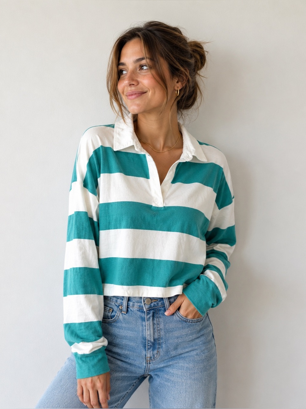 NOBO Cropped Rugby-Style Shirt Teal & White Striped Long Sleeve Women’s XXL